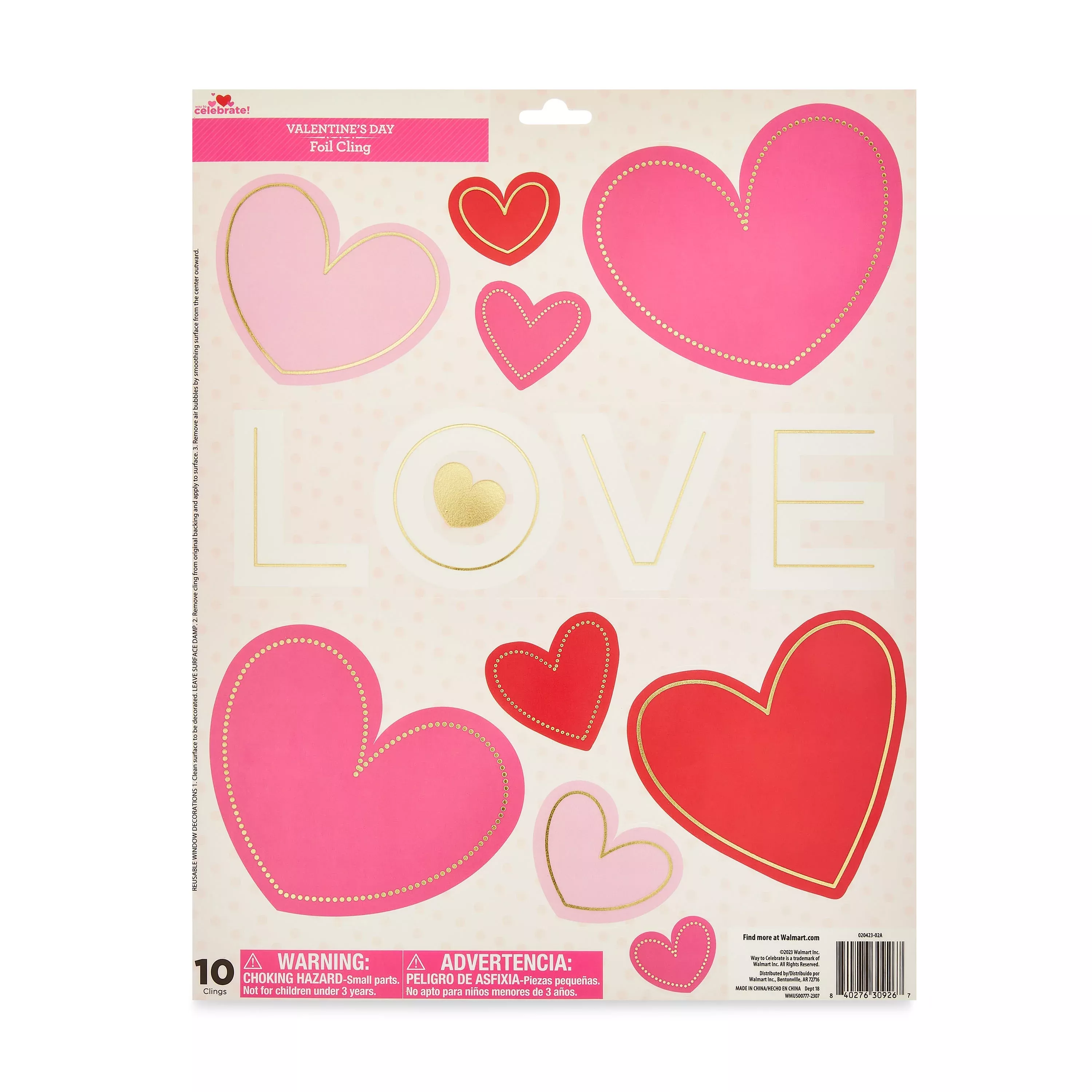 Valentine's Day Foil Love Hearts Cling Decorations, 10 Pieces, by Way To Celebrate - Walmart.com | Walmart (US)