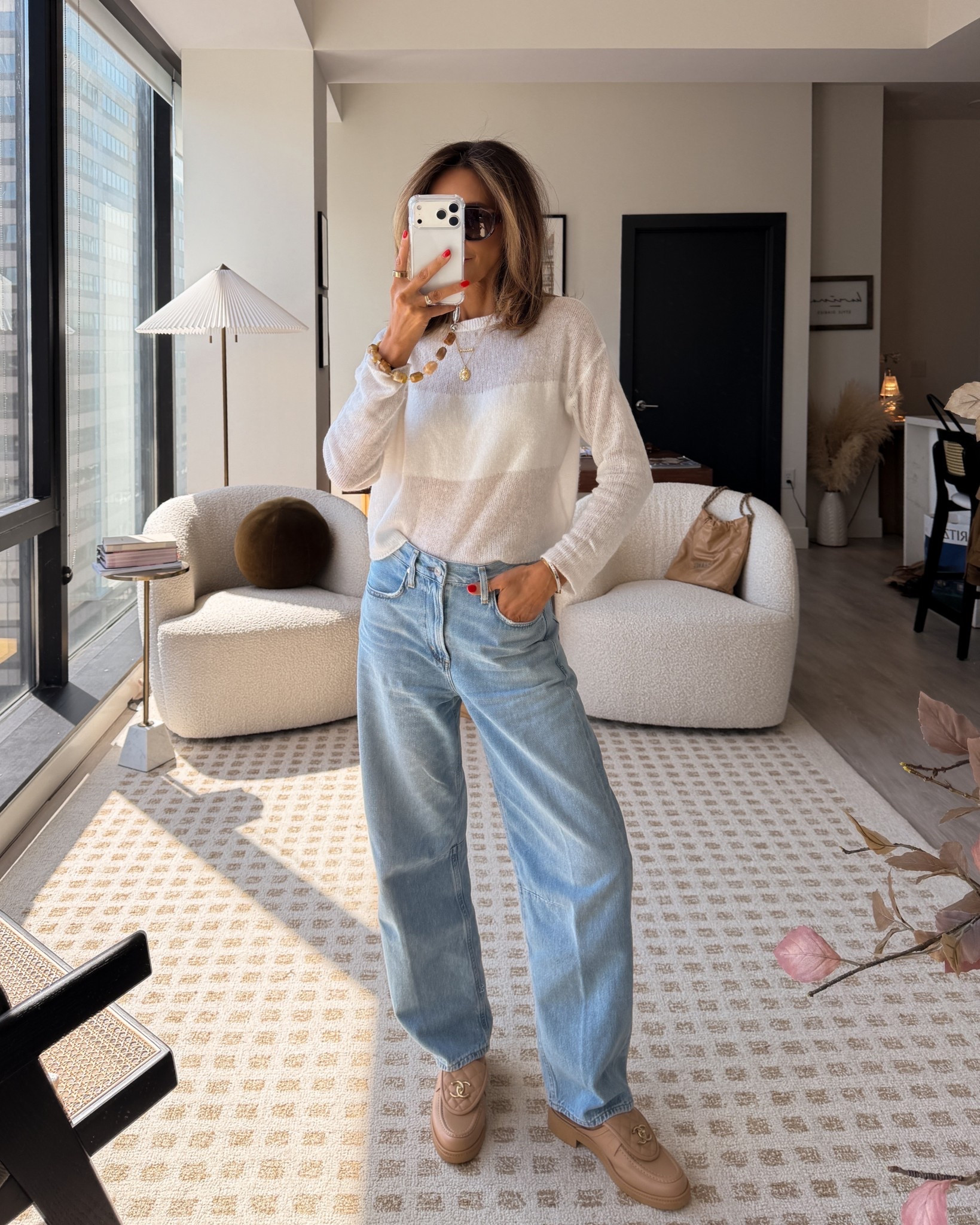 What I’m wearing to the office today! 
White fuzzy sweater xs - fits boxy
Light wash jeans barrel leg and Chanel interlock mules 
Linking my cellphone case and sunnies also! 

#LTKootd #LTKOver40 #LTKdayinmylife
