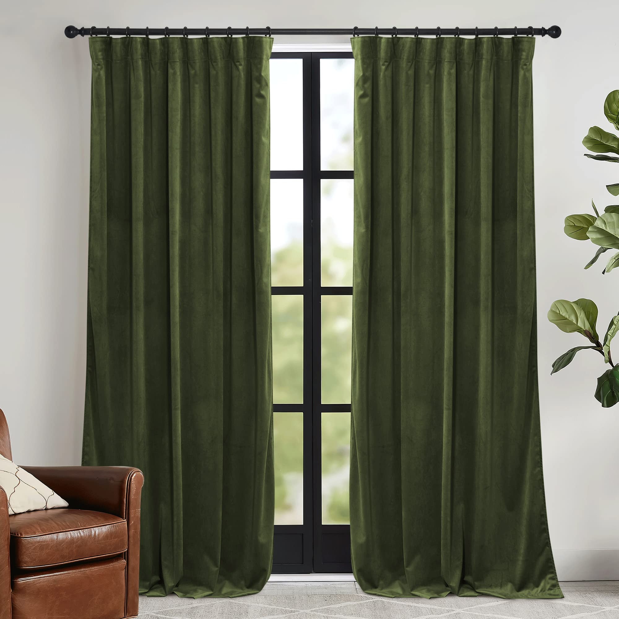 RYB HOME Green Velvet Curtains 96 inch, Solid Room Darkening Window Curtains for Living Room Ligh... | Amazon (US)