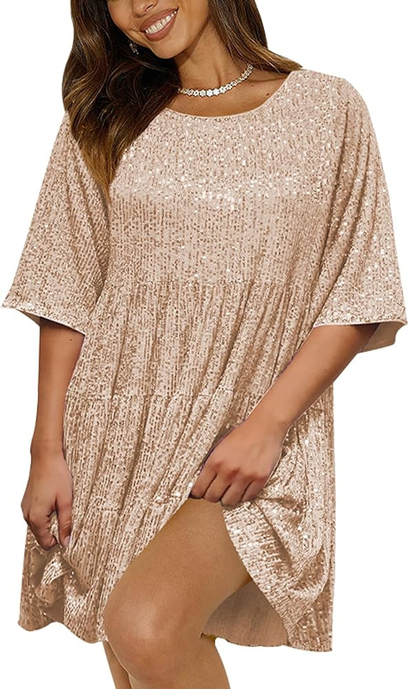Sequin Babydoll Mini Dress,Sparkly Glitter Dress Short Flowy Tiered Tunic Dress for Women Party C... | Amazon (US)