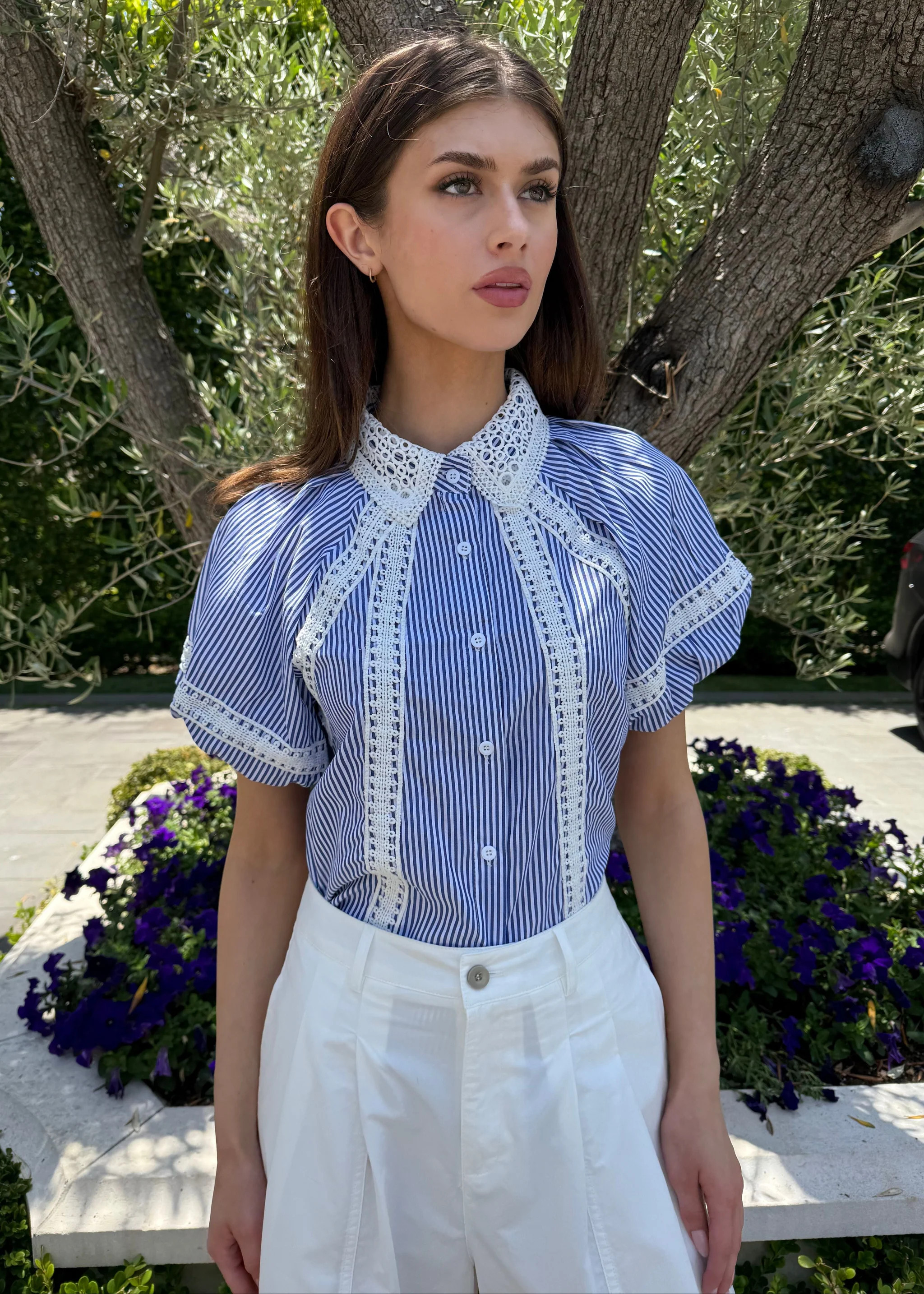 Callie Oversized Crochet Lace Collar Striped Button Down Top | Benaar La