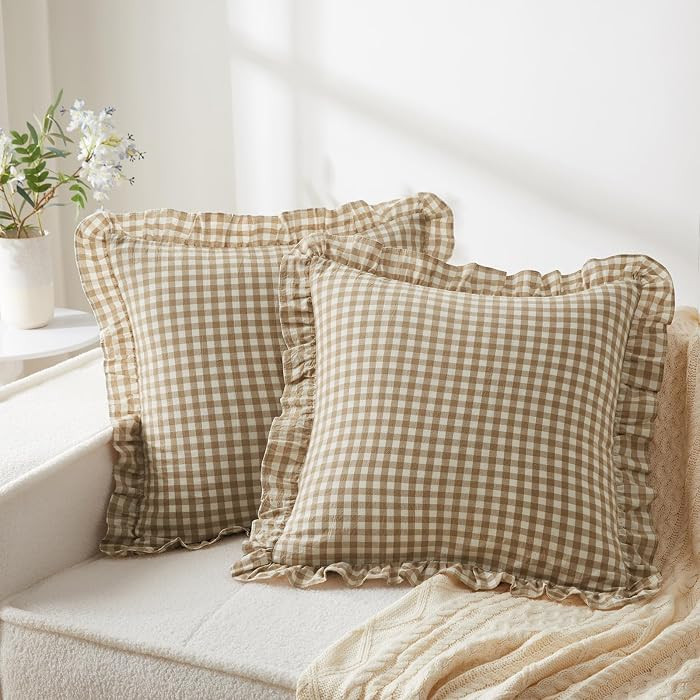 KKJIAF Ruffle Gingham Pillow Covers 26 x 26 Inches, Cotton Plaid Throw Pillow Shams Set of 2, Lin... | Amazon (US)
