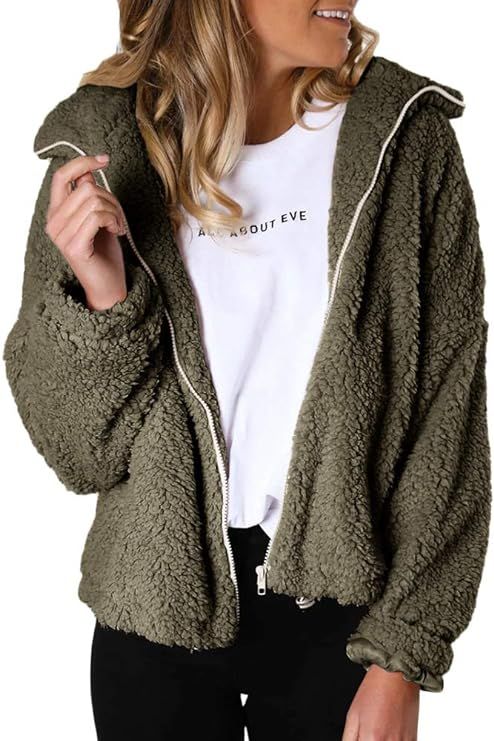Womens Fall Zipper Jackets Fleece Open Front Long Sleeve Lapel Shearling Oversized Coats Winter S... | Amazon (US)