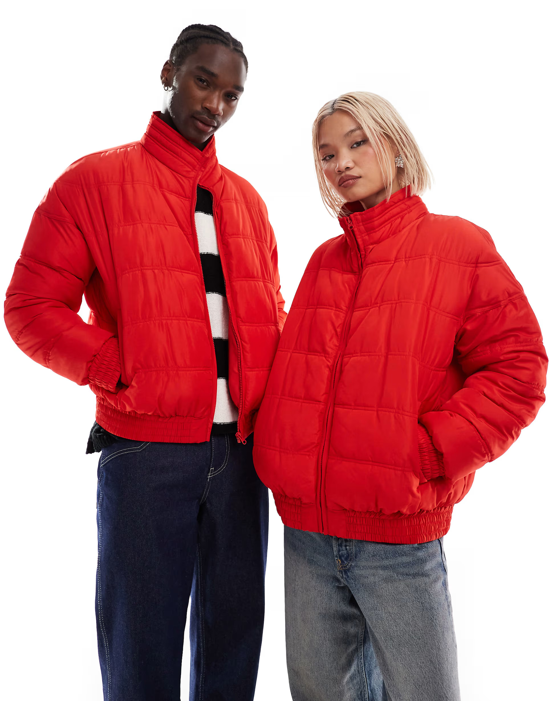 Reclaimed Vintage unisex zip up puffer jacket in red | ASOS (Global)