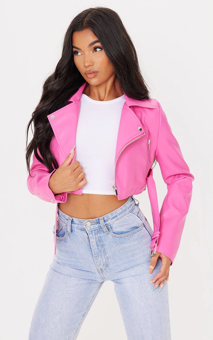 Pink Faux Leather Super Cropped Belted Biker Jacket | PrettyLittleThing US