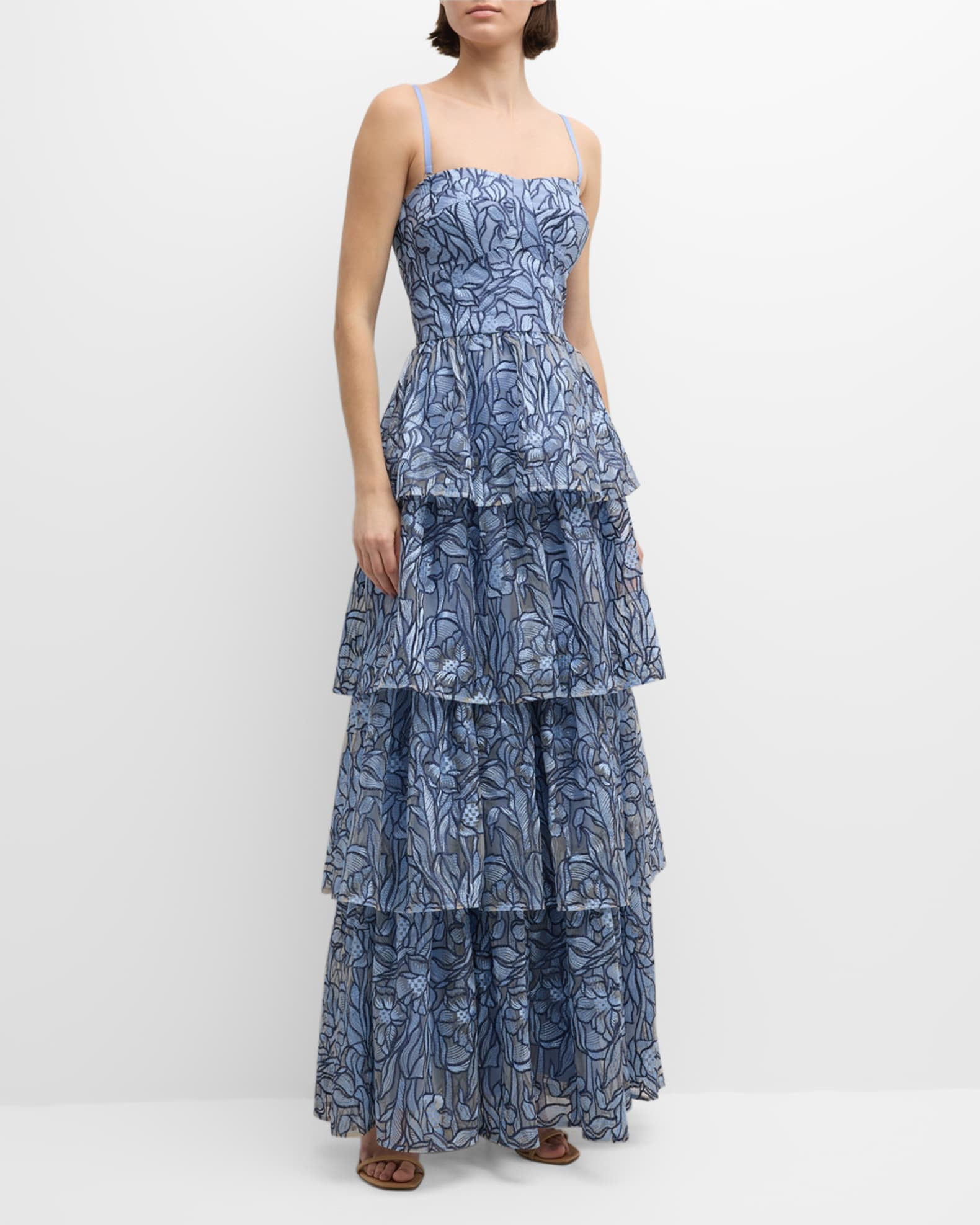 Aubriella Ruffle Tiered Floral-Embroidered Gown | Neiman Marcus