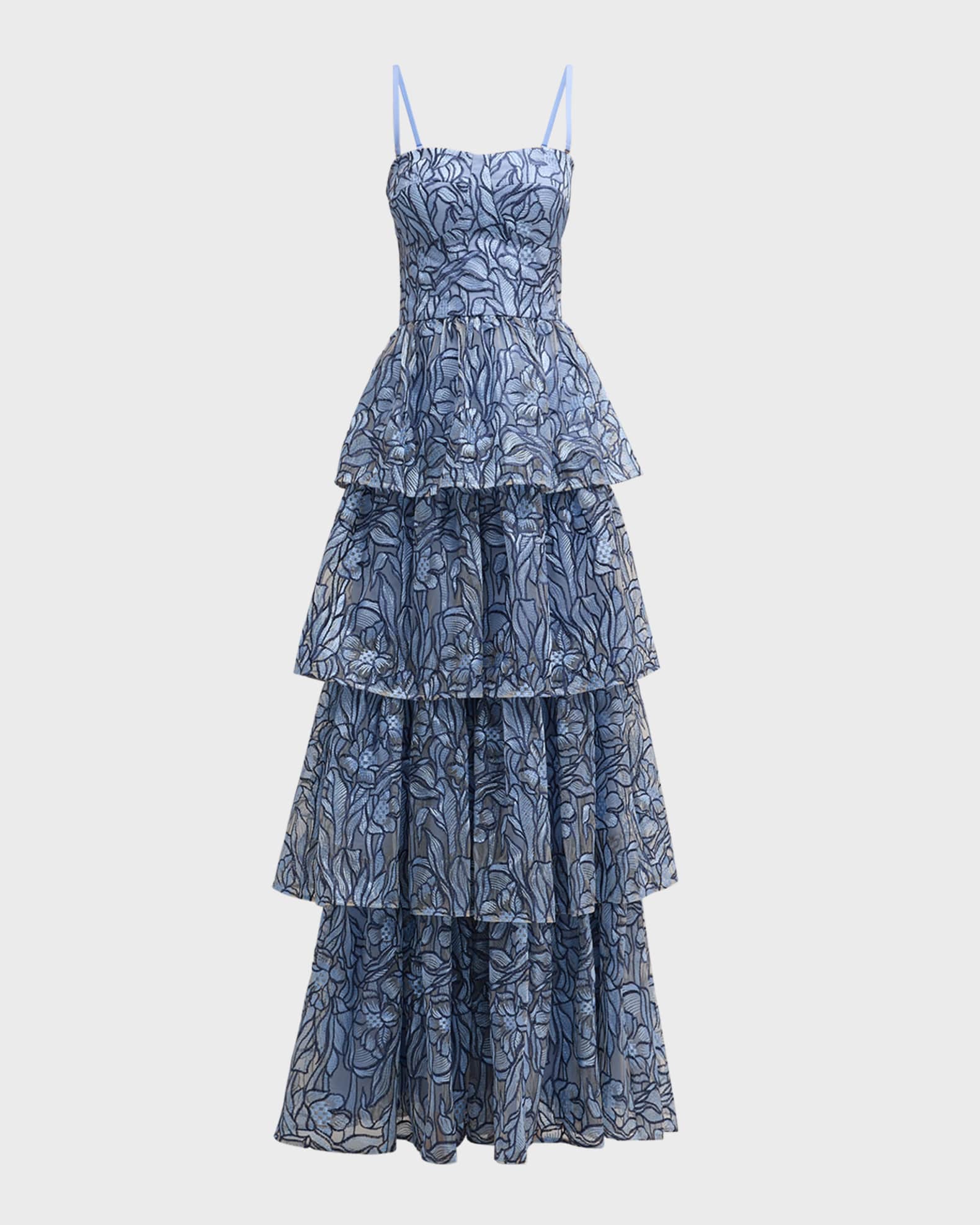 Aubriella Ruffle Tiered Floral-Embroidered Gown | Neiman Marcus