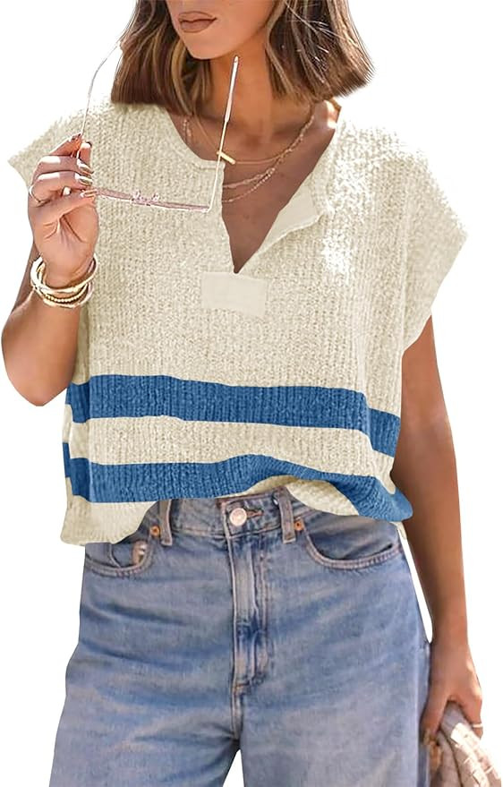 Saodimallsu Womens Cap Sleeve Tops V Neck Striped Color Block Side Slit Loose Knit Summer Cropped... | Amazon (US)