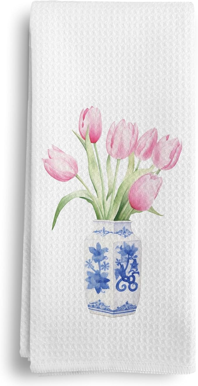 Blue and White Kitchen Chinoiserie Flowers Decor Kitchen Towels, Pink Tulips Flowers Decor Kitche... | Amazon (US)