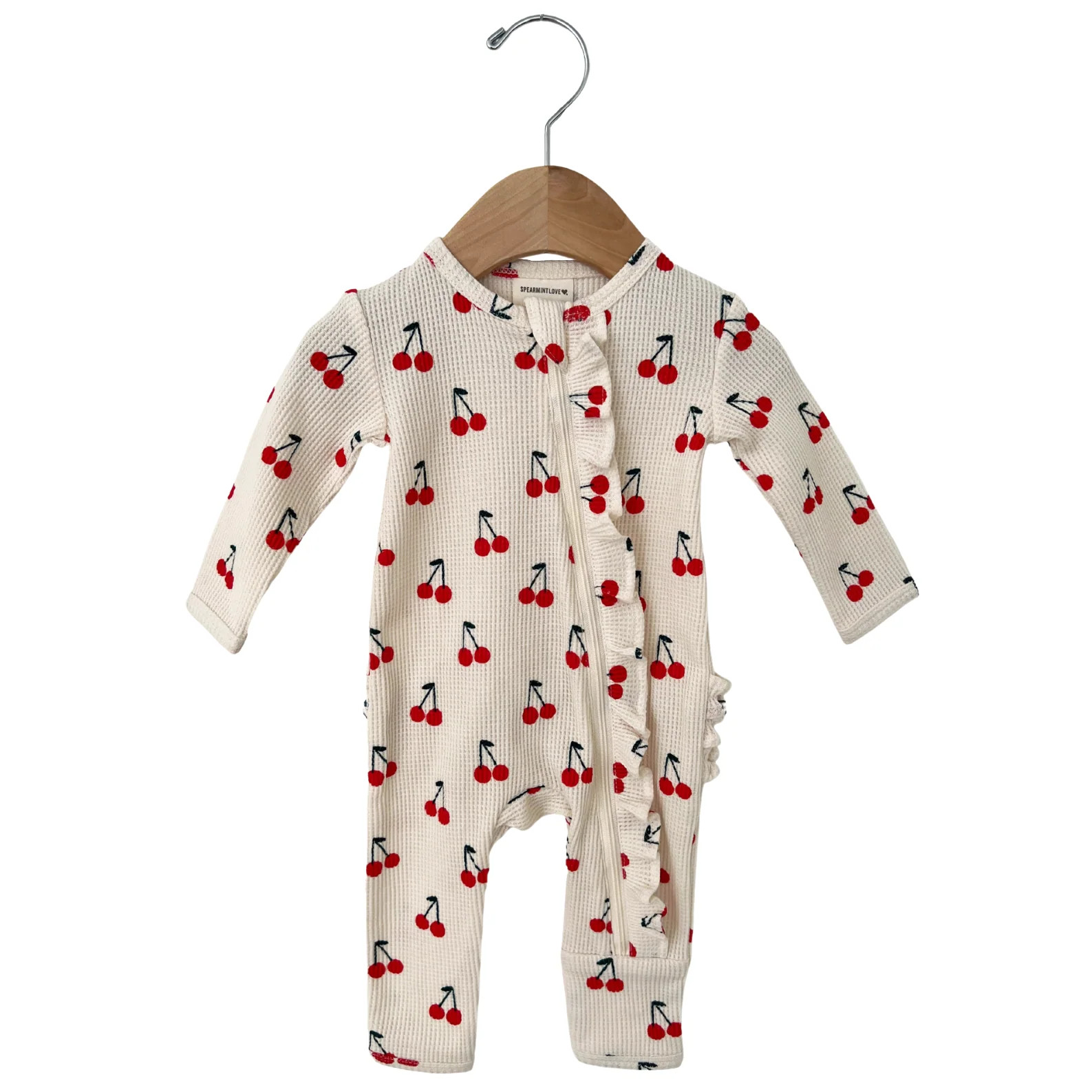 Organic Waffle Ruffle Zip Romper, Cherries | SpearmintLOVE