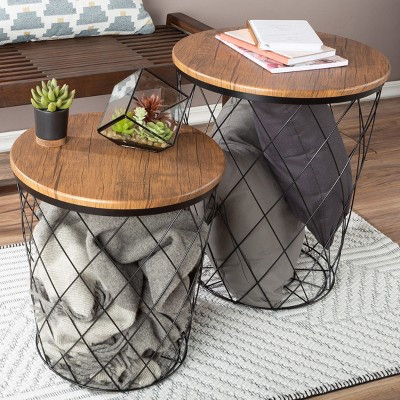End Table with Storage – Set of 2 Round Nesting Tables with Diamond Pattern Wire Basket Wood Tops, Industrial Farmhouse Side Table by Lavish Home | Target