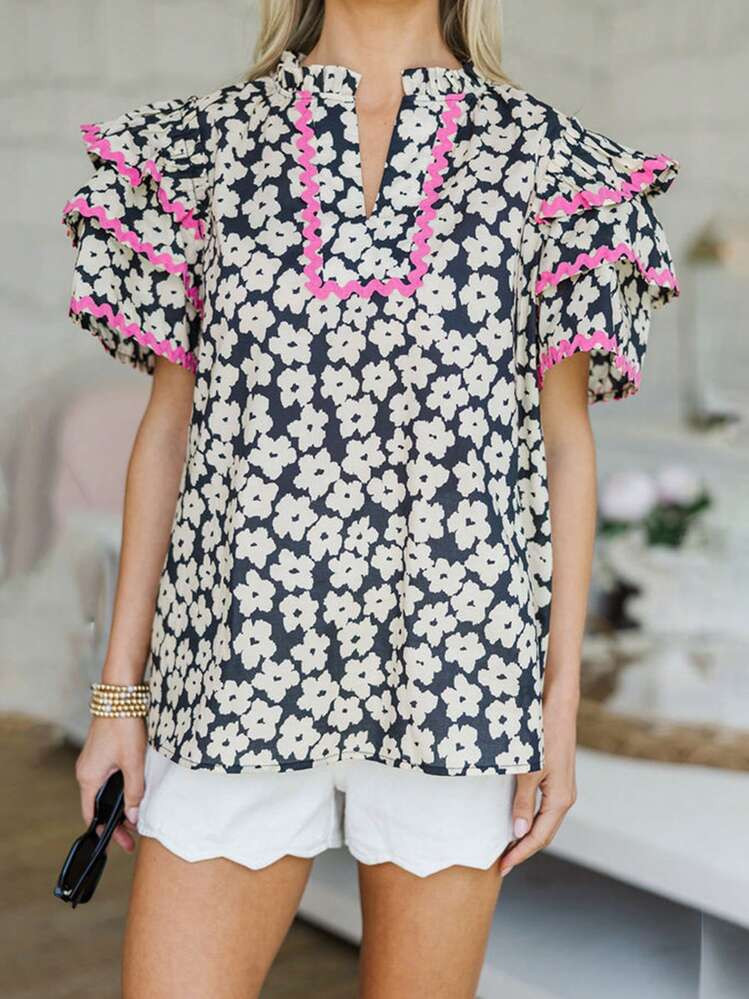 Women T-Shirt V Neck Short Sleeve Flower Print Loose Summer Tops For Casual Daily | SHEIN