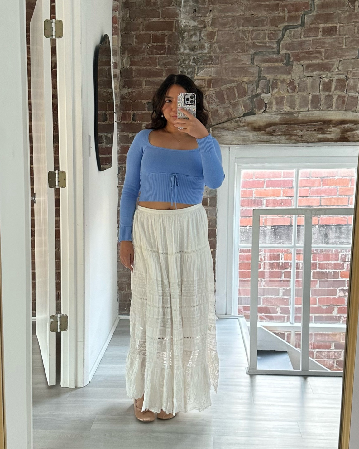 last day of work outfit 💙

Ribbed coquette lace up bow tie sweater urban outfitters 
White tiered embroidered skirt love shack fancy
Ballet flat satin bow slippers American eagle

#LTKSeasonal #LTKMostLoved #LTKfindsunder100