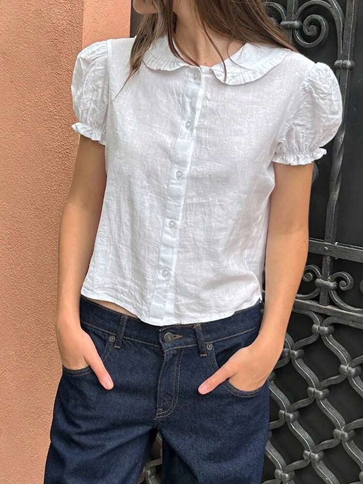 INAWLY Solid Frill Trim Puff Sleeve Shirt,Short Sleeve Tops | SHEIN