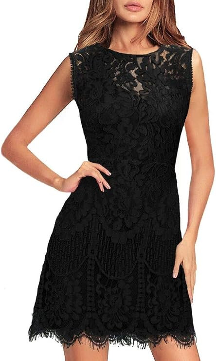 MSLG Women's Elegant Round Neck V-Back Wedding Guest Floral Lace Cocktail Party A Line Dress 910 | Amazon (US)