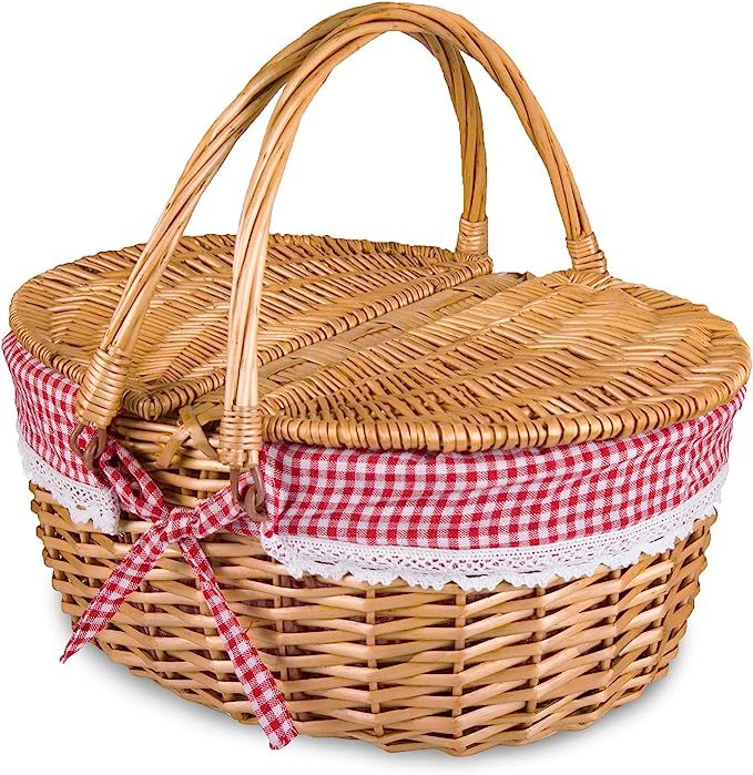 Wicker Picnic Basket with Lid and Handle Sturdy Woven Body with Washable Plaids Liner,Red | Amazon (US)