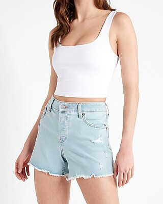 Mid Rise Medium Wash Destroyed Boyfriend Jean Shorts | Express