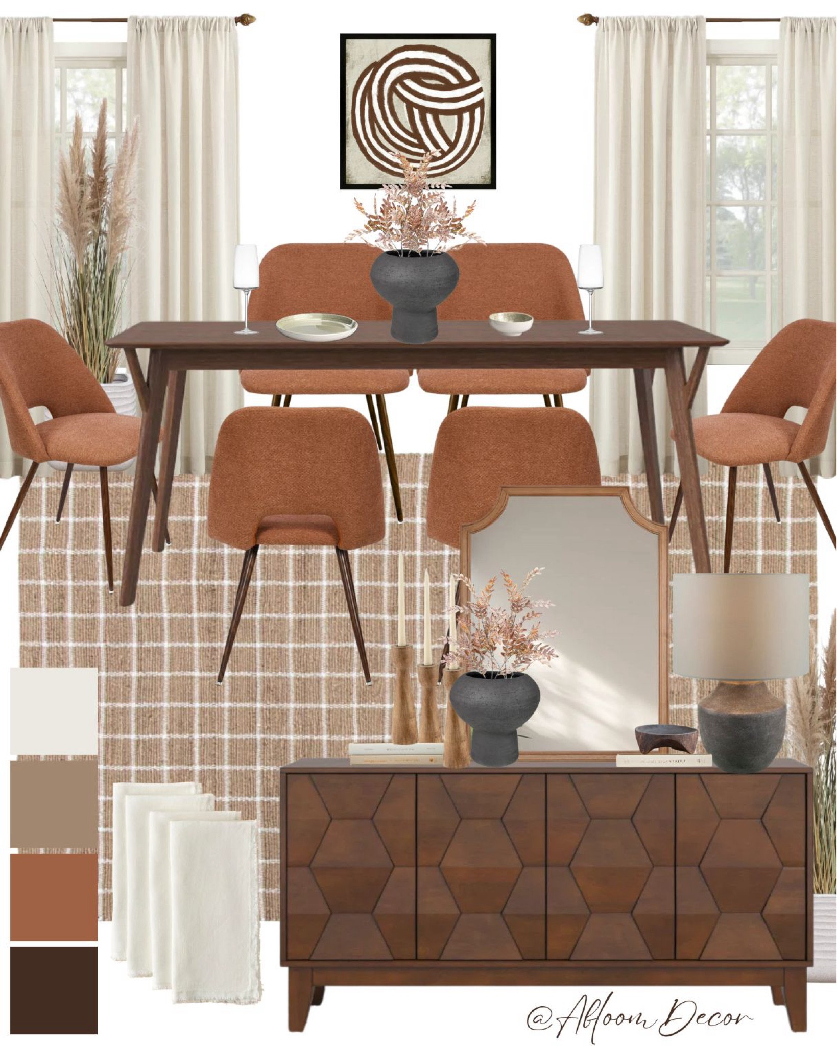 This mid-century-inspired dining room radiates warmth with its rich earthy tones and timeless design. The burnt orange upholstered dining chairs add a bold yet cozy touch, perfectly balanced by the dark wood dining table.

#LTKHome