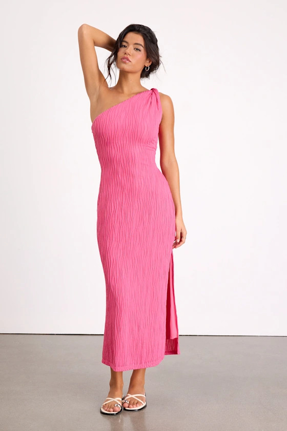Aristea Fuchsia Textured One-Shoulder Midi Dress | pink vacation dress  | Lulus