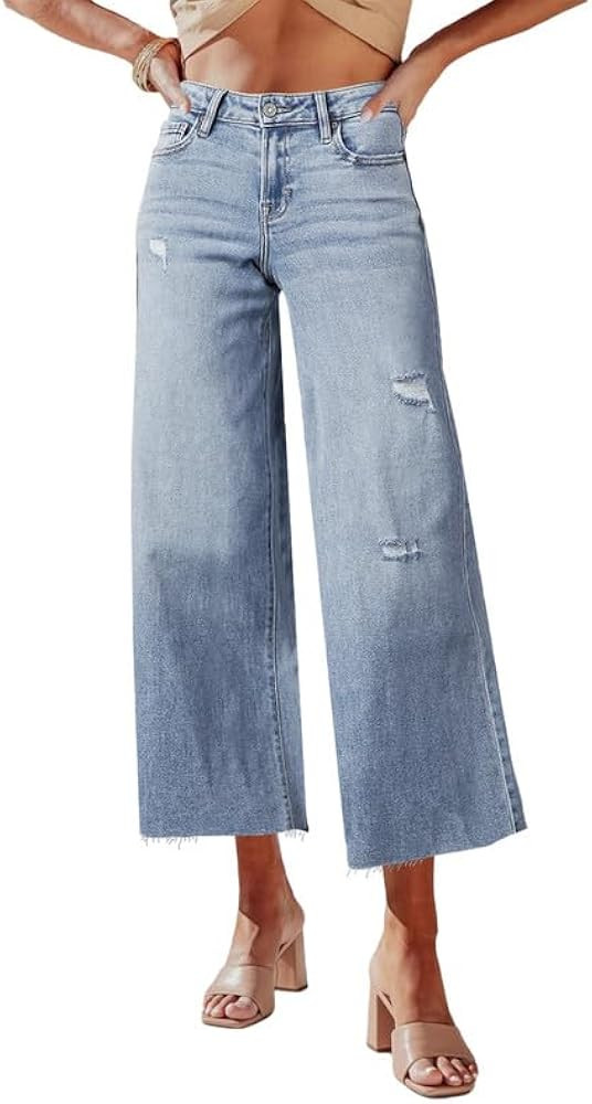 Allimy Women's High Waisted Straight Ankle Wide Leg Ripped Jeans Frayed Hem Stretchy Capri Denim ... | Amazon (US)