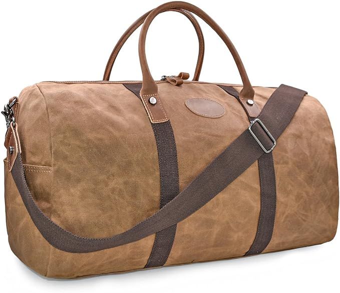 Amazon.com | Travel Duffel Bag Waterproof Canvas Overnight Bag Leather Weekend Oversized Carryon ... | Amazon (US)