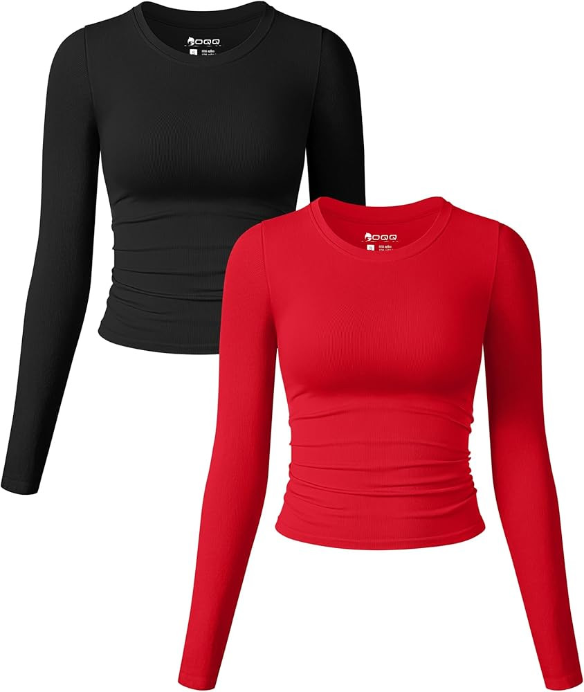 OQQ Womens 2 Piece Shirts Long Sleeve Crew Neck Ruched Stretch Basic Fitted Tee Shirts Tops | Amazon (US)