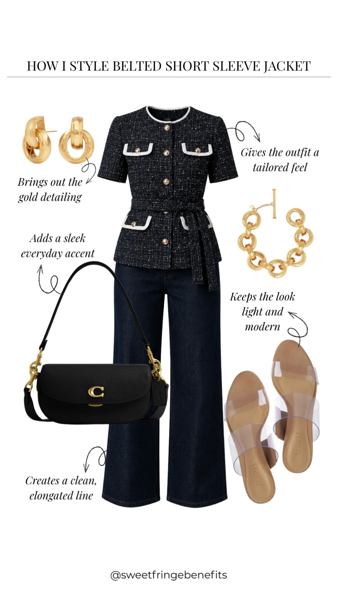 I really like how the belted jacket does the work here. The gold details keep all that black and denim from feeling too serious, while the sandals make it feel a little more relaxed.

#LTKootd #LTKWorkwear #LTKOver40
