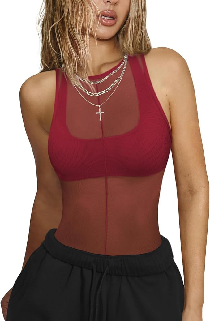 Sexy Mesh Sheer Tops for Women See Through High Neck Low Cut Scoop Back Slim Fitted Tank Mesh Shi... | Amazon (US)