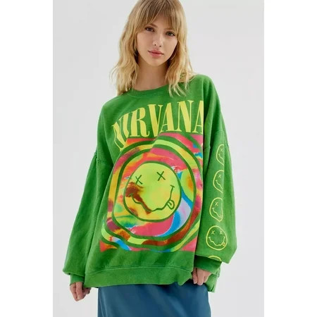Urban Outfitters Women s X Nirvana Smiley Face Overdyed Crew Neck Sweatshirt (Large/X-Large Green) | Walmart (US)