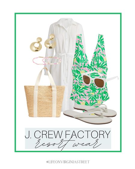 J. Crew factory resort wear including this fun one-piece suit, white cover-up, white sandals, beach tote, pink bracelet, gold earrings, and white sunglasses. 

j. crew factory, bathing suit, swim suit, swim wear, resort wear, coastal style, women’s swimwear, poolside outfit, beach outfit, summer outfit

#LTKFind #LTKSeasonal #LTKswim