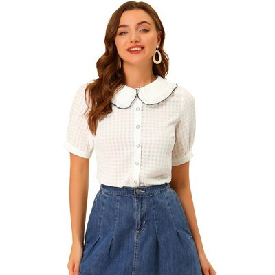 INSPIRE CHIC Women's Peter Pan Collar Contrast Color Trim Gingham Button Up Shirt White X-Small | Target