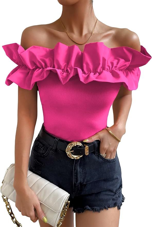 OYOANGLE Women's Ruffle Trim Off Shoulder Short Sleeve Blouse Party Tops Shirt | Amazon (US)