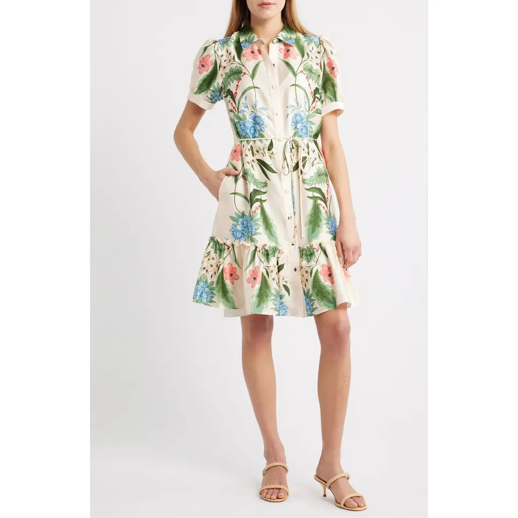 Julia Jordan Floral Short Sleeve Ruffle Hem Shirtdress in Ivory Multi at Nordstrom Rack, Size X-Small | Nordstrom Rack