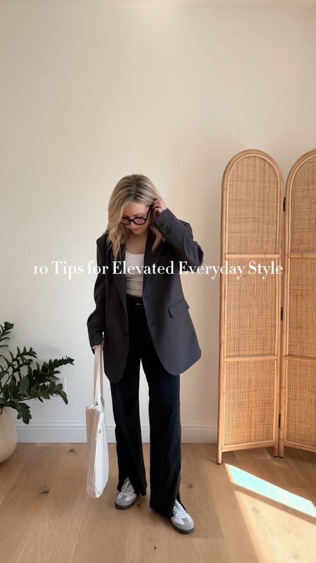 Elevating your Everyday Style Tip #6. If you are feeling like your fit is just falling flat, one of my favorite ways to elevate it is by adding contrasting pieces. 

Here are a few examples:
- Wearing something sporty or athleisure add something classic or dressy👟➕🧥
- Wearing something feminine add something masculine or sporty 👗➕👟
- Wearing something casual add something dressy 👖➕👡
- Wearing something busy/patterned add something minimal 👔➕👡

Todays fit was feeling a little flat with just a sweatshirt since I am wearing track pants and sneakers, so I elevated the whole look by throwing on two smart/dressier pieces (the blazer and the statement glasses). Something tells me one more layering piece or a pop of color would have done even more, but it was an excellent upgrade - proving once again that you can do a lot to an outfit by just changing a few small things!💁🏼‍♀️

#LTKstyletip #LTKSeasonal #LTKVideo