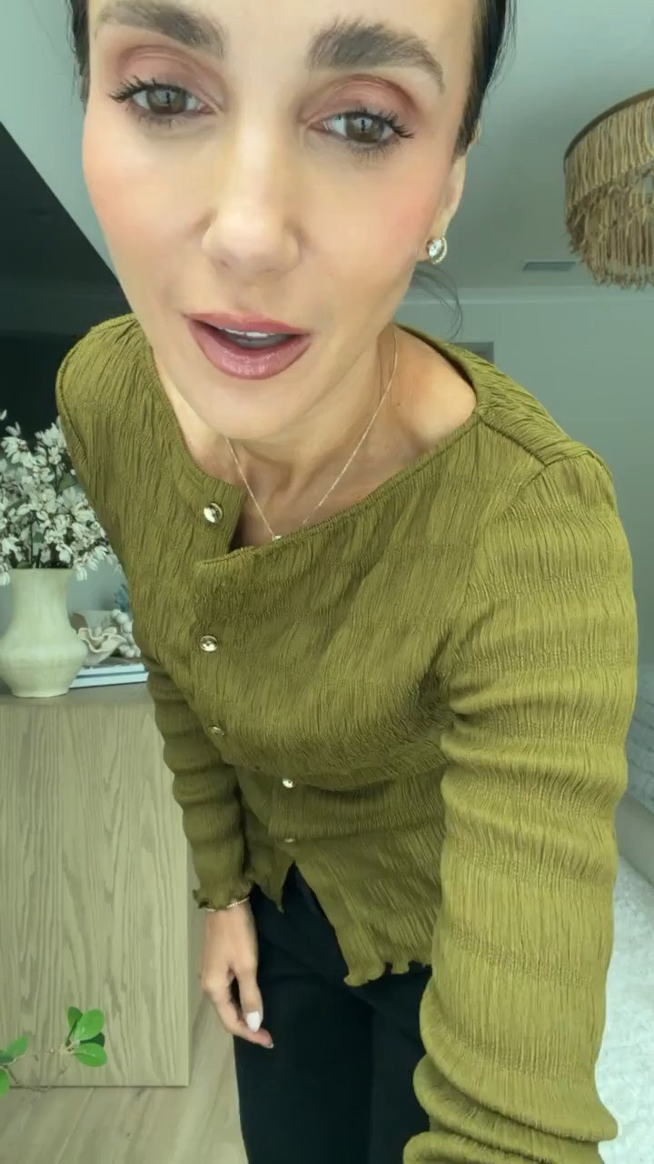 Target Circle Deals are still going, and this textured top is such a good fall find. I love the olive color, subtle gold buttons, and slightly sheer texture with simple black denim. Top XS, jeans size 2.

Target Circle Deals, Target sale, Target top, olive top, textured cardigan, fall top, Target fashion, black jeans, fall outfit, Target fall finds, women over 40 fashion, annabrstyle