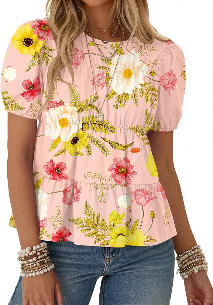 Rapbin Womens Puff Short Sleeve Babydoll Tops Summer Peplum Pleated Cotton T Shirts Casual Loose ... | Amazon (US)