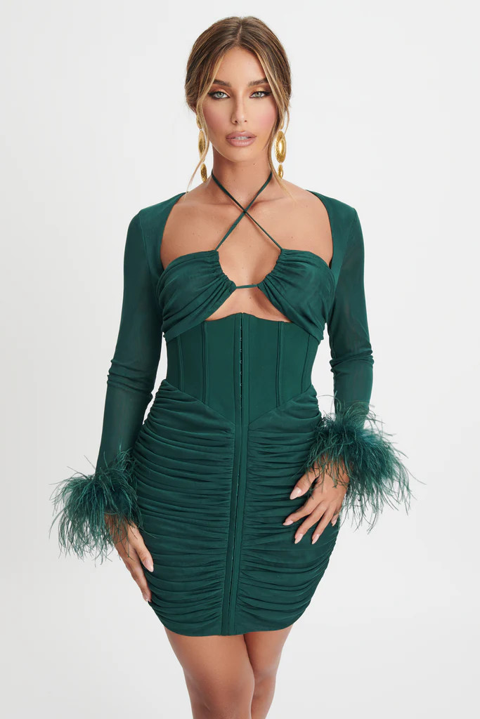 MAEVE Gathered Mesh Mini Dress With Feather Cuffs In Emerald | Lavish Alice