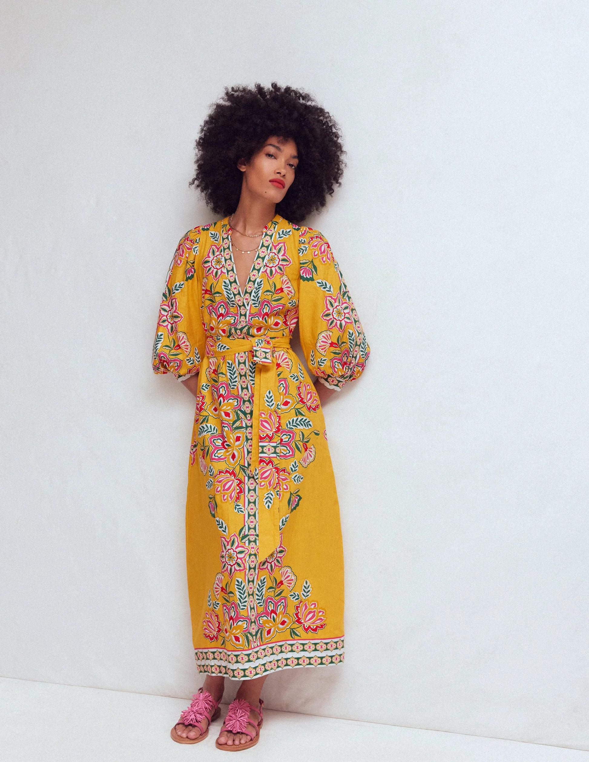 Octavia Linen Blend Dress-Yellow Blossom Elegance | Boden (US)