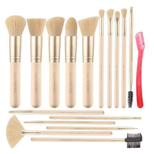 Real Perfection Makeup Brush Set 16 Pcs with 1 Eyebrow Razor Premium Synthetic Foundation Powder Concealers Eyeshadow Blush Makeup Brushes Make up Brushes Kit (Beige) | Amazon (US)
