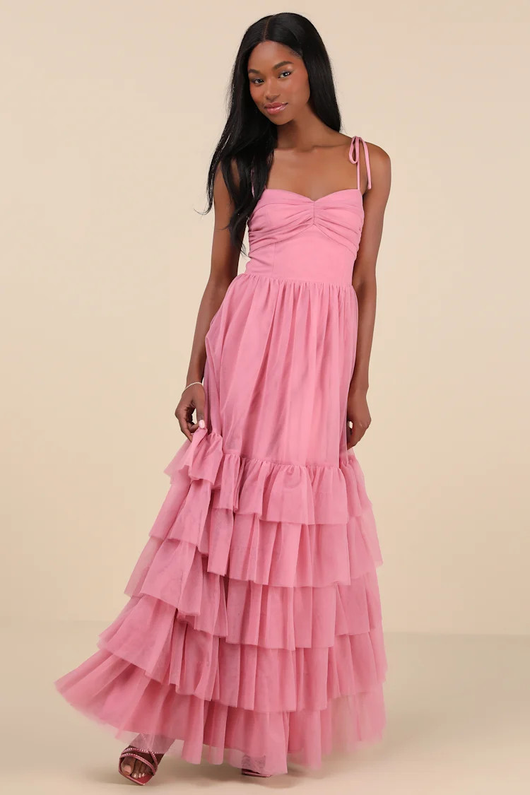 Endlessly Darling Dusty Rose Mesh Tiered Tie-Strap Maxi Dress | Lulus
