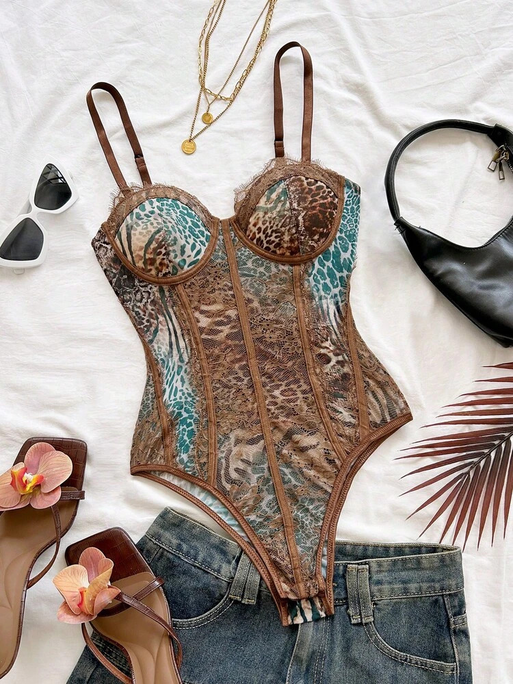 Soleia Leopard Print Bustier Lace Trim Camisole,Teal And Brown,Summer,70s,Night Out,Party, Vacati... | SHEIN