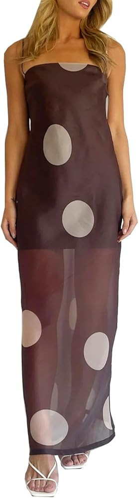 Women’s Sexy Sheer Mesh Polka Dot Maxi Dresses Spaghetti Strap Sleeveless Backless Long Dress | Amazon (US)