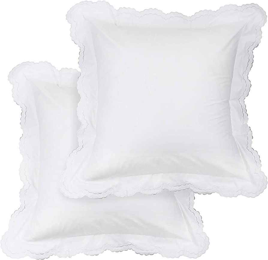 Melange Home Percale Cotton Double Scalloped Embroidered Euro Sham Pair, Cover, White on White | Amazon (US)