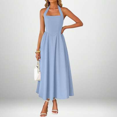 Halter Neck Midi Dress, Square Neck & A-Line Flared Skirt, Perfect For Bridal Shower & Summer Outings | SHEIN