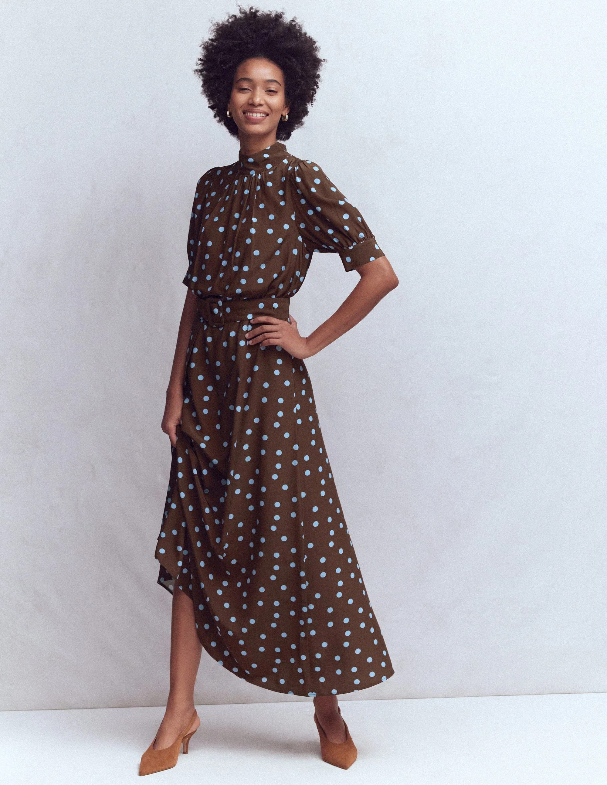 High Neck Belted Dress-Raw Umber, Painted Dot | Boden (US)