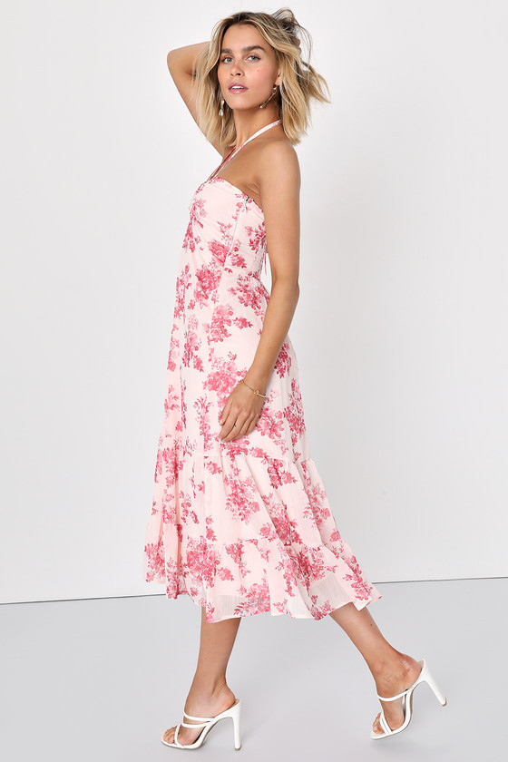 Lovely Radiance Blush Pink Floral Halter Tiered Midi Dress | Lulus (US)