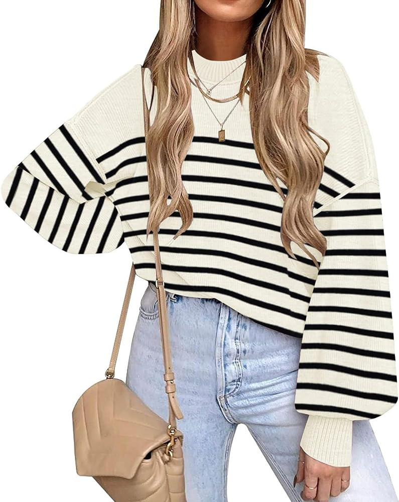 Womens Striped Sweaters 2024 Fall Batwing Long Sleeve Side Slit Oversized Sweaters Trendy Crew Ne... | Amazon (US)