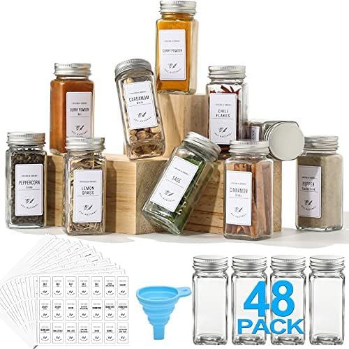 AOZITA 48 Pcs Glass Spice Jars with White Printed Spice Labels - 4oz Empty Square Spice Bottles - Sh | Amazon (US)