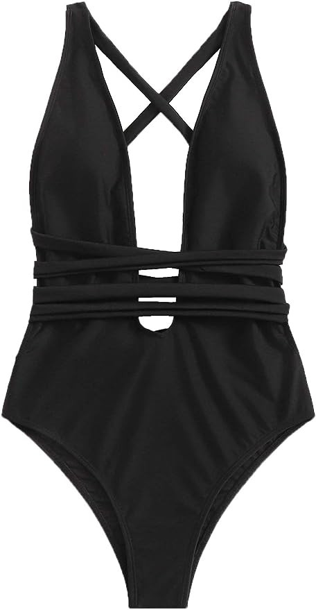 SweatyRocks Women's Sexy Basic Criss Cross Tie Knot Front Deep V Open Back One Piece Swimwear | Amazon (US)