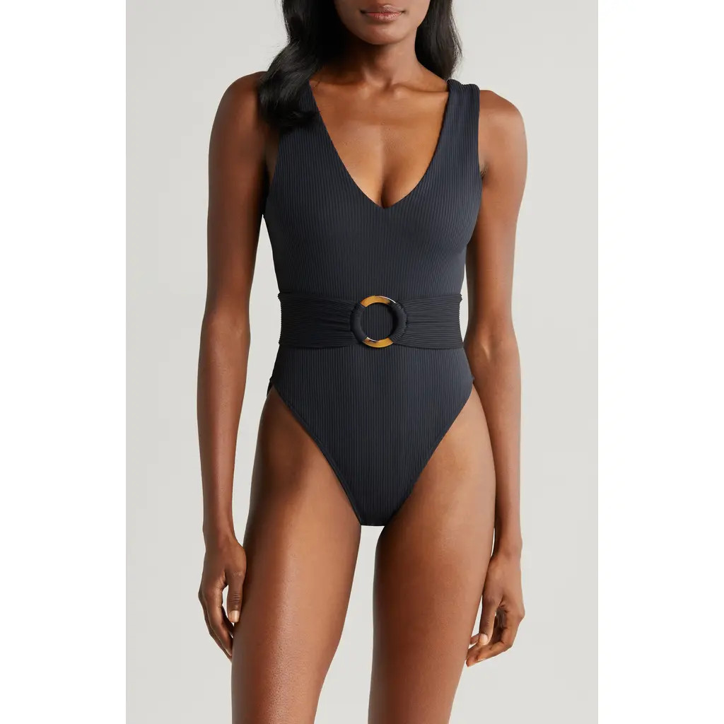 MONTCE Kim Belted Rib One-Piece Swimsuit in Black Rib at Nordstrom, Size X-Large | Nordstrom